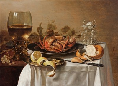 Een stilleven met een roemer, een krab en een gepelde citroen door Pieter Claesz
